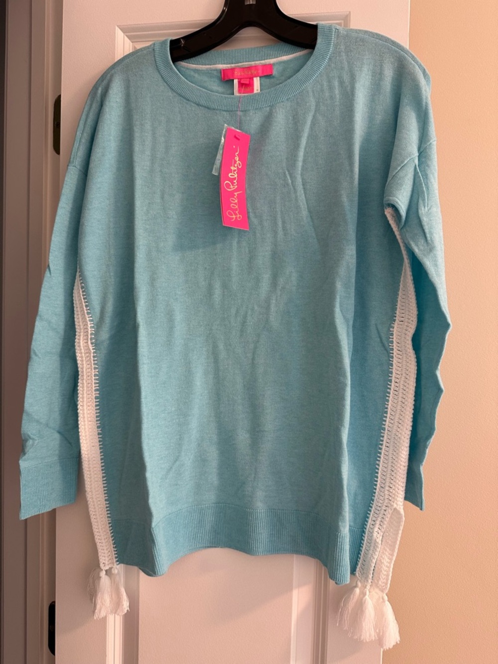 Lilly Pulitzer Light Aqua Crewneck Sweater with Tassel Trim